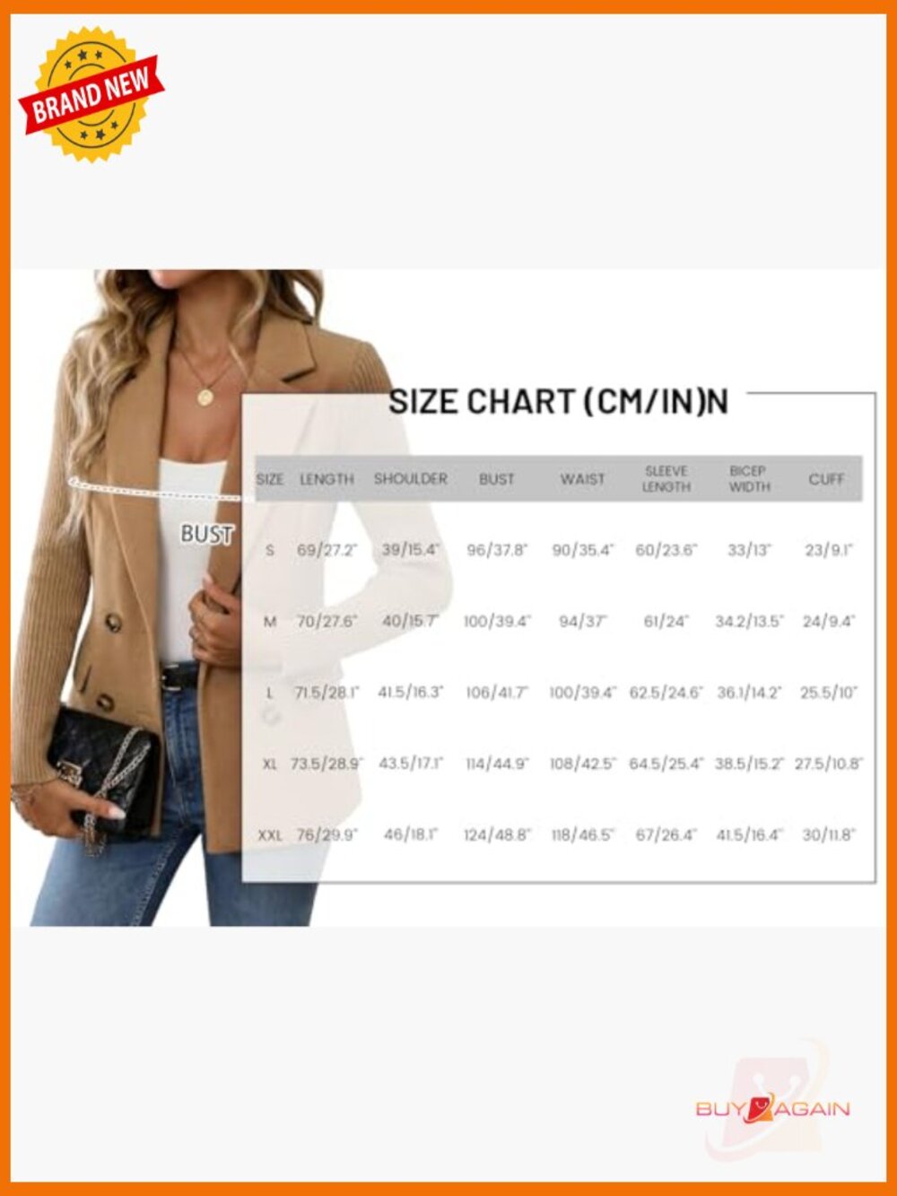 Double-Breasted Knit Sleeve Blazer - Business Casual Work Jacket with Pockets - Picture 6 of 6